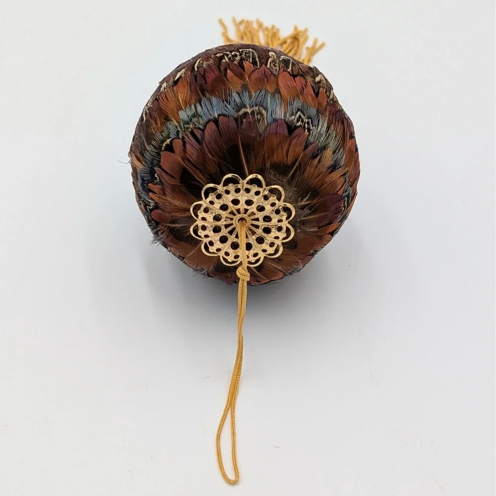 Pheasant Feather Egg Ornament with Gold Filigree and Tassel 7.5 Inch